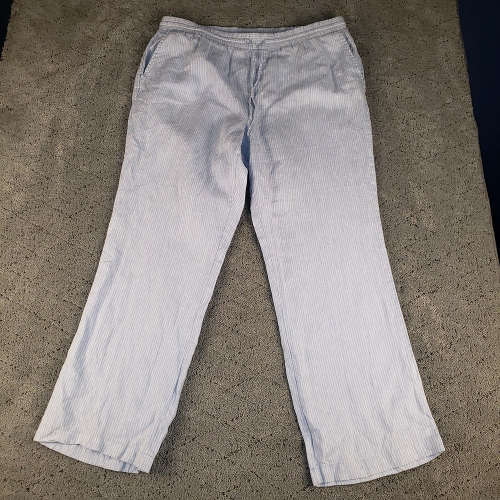 Ellen Tracy Pants Womens L Blue‎ Linen Striped Pull On Elastic Waist Coastal